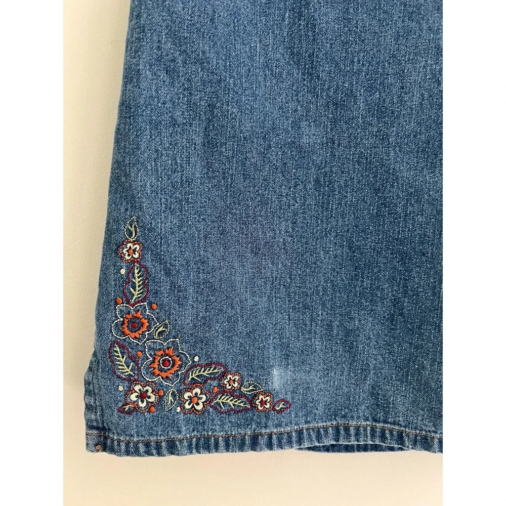 Vintage Y2K 90s Denim Skort Blue Denim Embroidered Floral Mini Boho Cottage